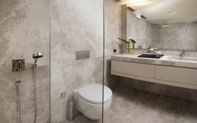 Interior shot of a modern bathroom.